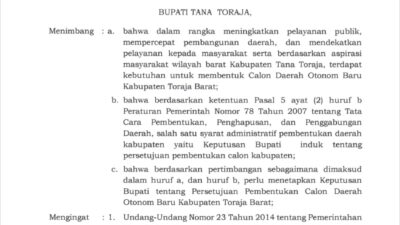 Sah, Bupati Tana Toraja Terbitkan SK Persetujuan CDOB Toraja Barat